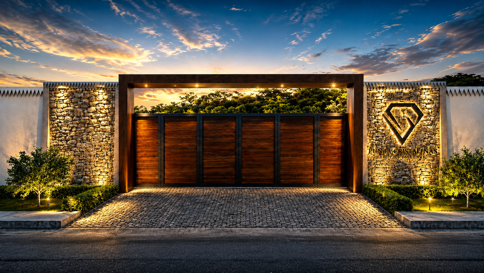 Acceso principal con portón de madera y piedra iluminado al atardecer