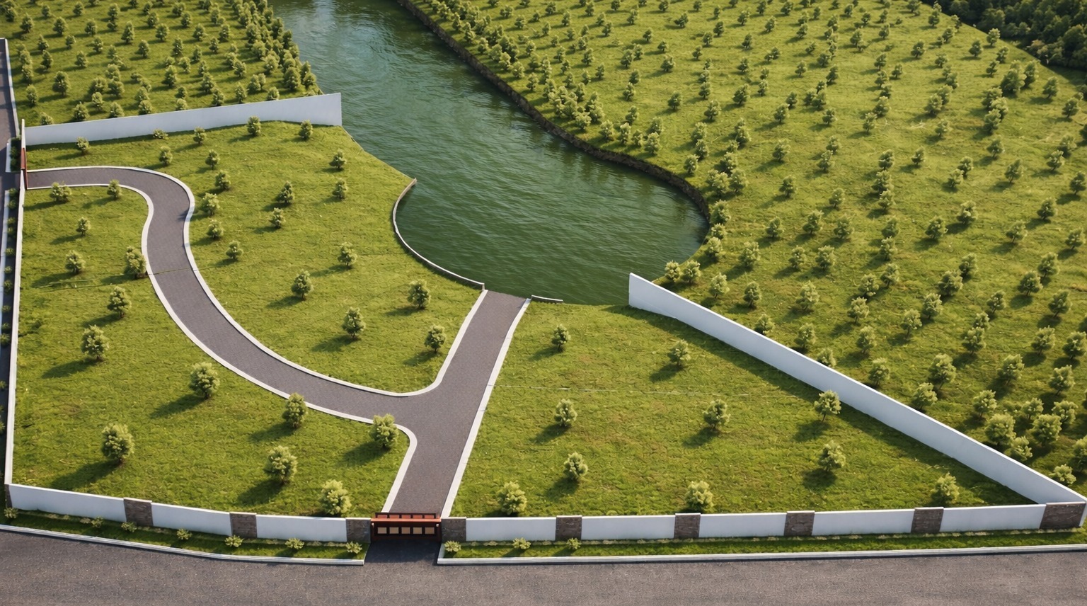 Vista aérea del canal de agua y área verde